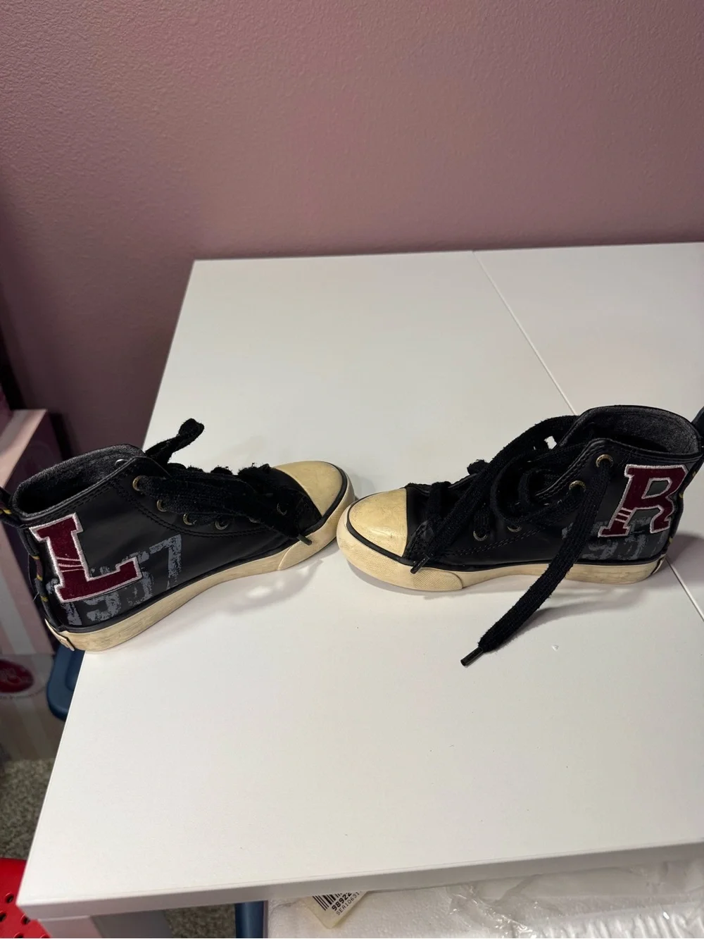 Polo by Ralph Lauren Black Leather Kids High-Top Boots with Cream Toe Caps